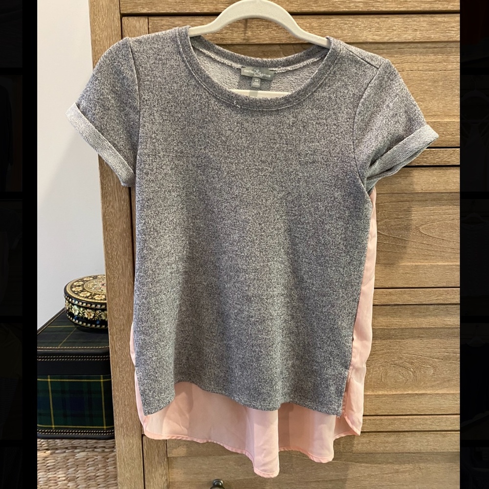Grey short sleeve sweater tunic with sheer pink back